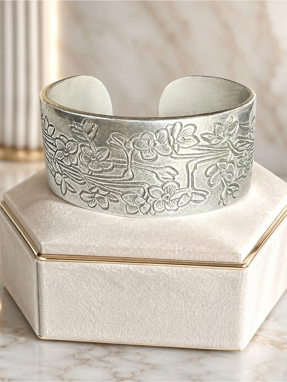 Vintage Floral Pewter Salisbury Pewter Bangle Cuff Bracelet “December “